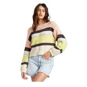 Billabong Women's Long Sleeve Seeing Stripes Pullover Sweater Cream Pink L, $80